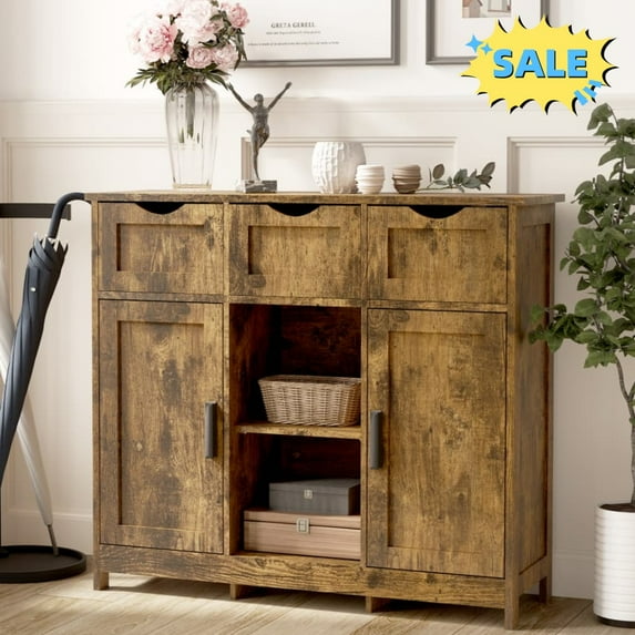 Tcbosik Sideboard Buffet Cabinet with Storage, Kitchen Storage Cabinet with 2 Doors and 3 Drawers, Farmhouse Coffee Bar with Adjustable Shelves for Living Room, Vintage Color
