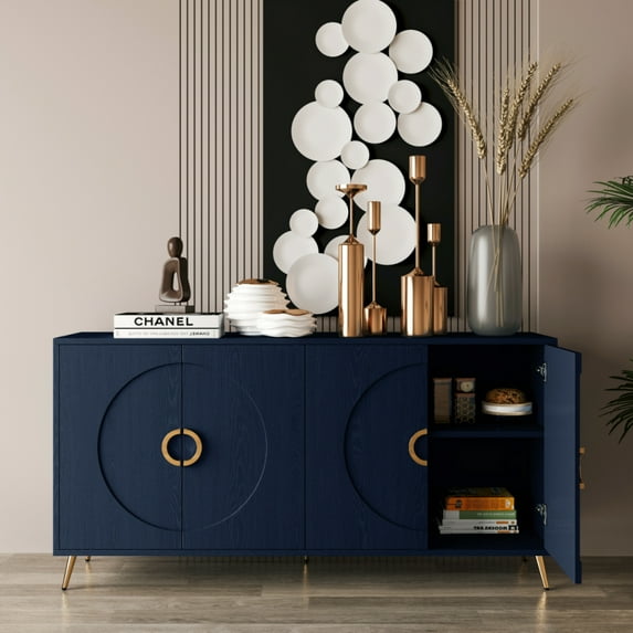 Tcbosik Sideboard Buffet Cabinet, Wooden Storage Cabinet with 4 Doors, Kitchen Cupboard, Farmhouse Console Table for Dining Room Living Room Entryway, Navy Blue