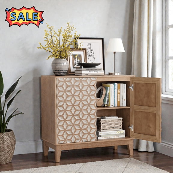 Tcbosik Sideboard Cabinet with 2 Doors, Modern Kitchen Cabinet with Adjustable Shelf, Coffee Bar Cabinet for Kitchen, Living Room, Hallway, Tangerine & Walnut