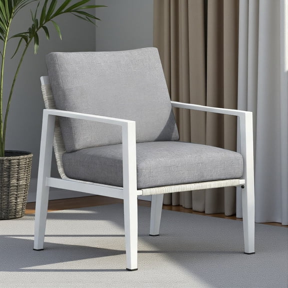 Tcbosik Silver Aluminum Frame Lounge Chair with Rope Design Accents, Outdoor Indoor Modern Armchair with Gray Cushions, Lightweight & Rust-Resistant, for Patio & Living Room
