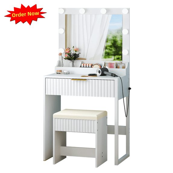 Tcbosik Simple Vanity Desk with Lighted Mirror and Cushioned Stool, 27" Makeup Table with Charging Station, Dressing Table with Storage Drawer for Bedroom, White
