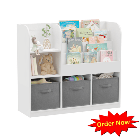 Tcbosik Small Bookshelf, Bookcase with 3 Fabric Drawers, Display Storage Rack for Bedroom, Living Room, White+Gray