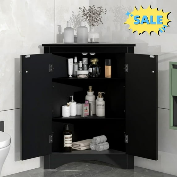 Tcbosik Small Corner Cabinet with Adjustable Shelves, Floor Bathroom Cabinet with 2 Doors, Narrow Storage Cabinet for Living Room, Easy Assembly, Black