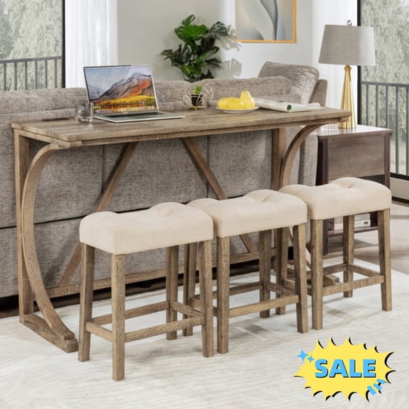 Tcbosik Small Dining Table Set, 4-Piece Bar Table Set with Charging Station, Counter Height Pub Table & 4 Upholstered Stools for Breakfast Nook, Living Room, Kitchen, Space Saving, Brown