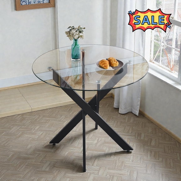 Tcbosik 35.4" Round Glass Dining Table for 2-4  Person, Modern Coffee Table with Metal Legs, Small Dinner Table for Kitchen, Living Room, Easy Assembly, Black