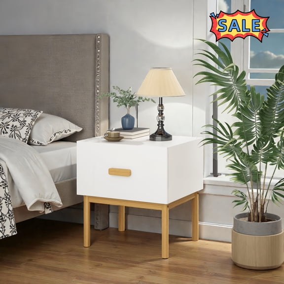 Tcbosik Small Nightstand, 18.5 inch Minimalist Bedside Table with Storage Drawer, Modern End Table with Wood Legs for Bedroom, Living Room, Space Saving, White