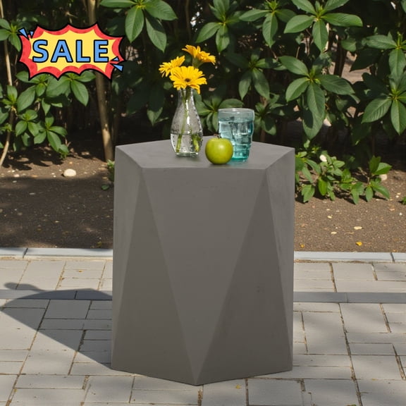 Tcbosik Small Side Table for Outdoor, Pentagon End Table, Magnesium Oxide Accent Table for Balcony, Deck, Garden, Patio, Light Gray