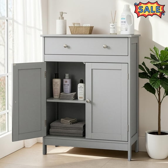 Tcbosik Small Storage Cabinet, 2-Door Bathroom Cabinet with Drawer and Adjustable Shelf for Kitchen, Living Room, 23.63"L x 11.82 "W x 31.5 "H, Gray