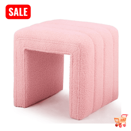 Tcbosik Small Upholstered Ottoman, 16.5" Teddy Velvet Foot Rest, Square Footstool for Living Room, Bedroom, Entryway, Space Saving, Pink