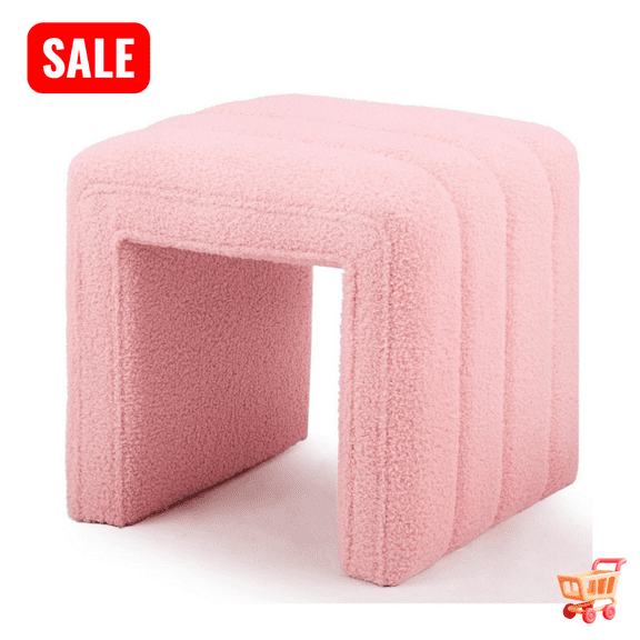 Tcbosik Small Upholstered Ottoman, 16.5" Teddy Velvet Foot Rest, Square Footstool for Living Room, Bedroom, Entryway, Space Saving, Pink