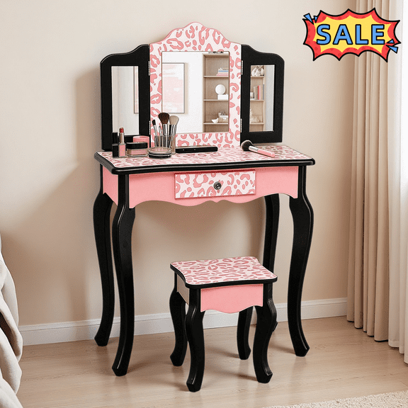 Tcbosik Small Vanity Desk with Tri-Folding Mirror and Stool, Makeup Dressing Table with Storage Drawer for Bedroom, Easy Assembly, Red Leopard Print and Black