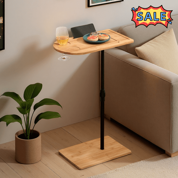 Tcbosik C Shaped End Table, 16.7"-30.1" Height Adjustable Small Couch Side Table with Cup Holder and Wine Slot, Phone & Table Slots for Living Room, Bedroom, Easy Assembly, Natural