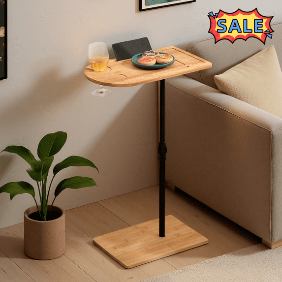 Tcbosik C Shaped End Table, 16.7"-30.1" Height Adjustable Small Couch Side Table with Cup Holder and Wine Slot, Phone & Table Slots for Living Room, Bedroom, Easy Assembly, Natural