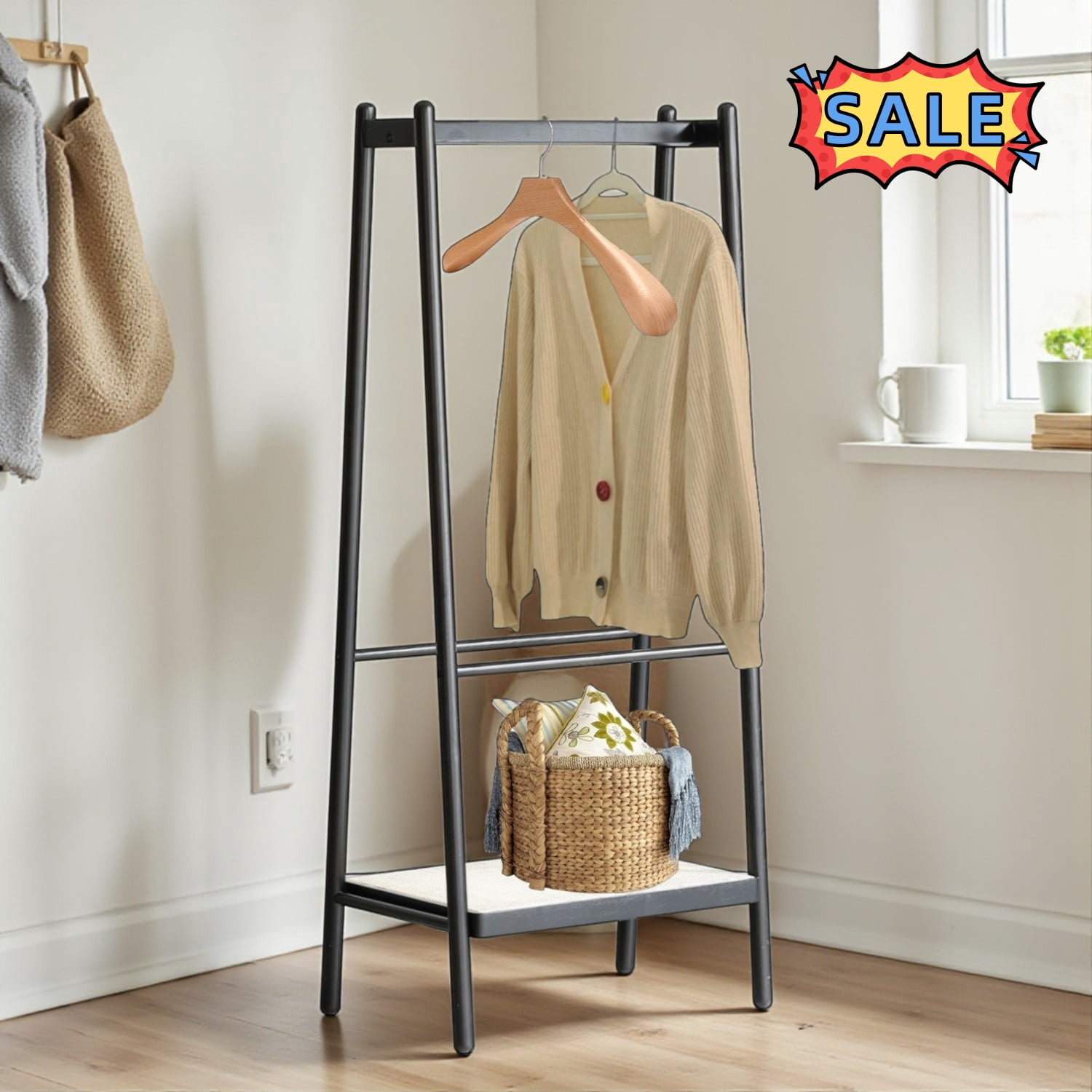 Cloth Raks Fortable Tcbosik Solid Wood Clothes Rack, Portable Garment Rack with Rattan ...