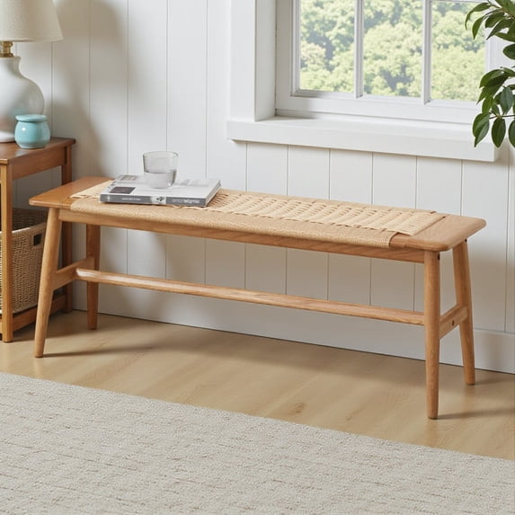 Tcbosik 31.5" Solid Oak Wood Entryway Bench with Handwoven Cane Seat – Natural Finish, Stylish and Comfortable Dining Seating for Home, Kitchen, Living Room, Windows