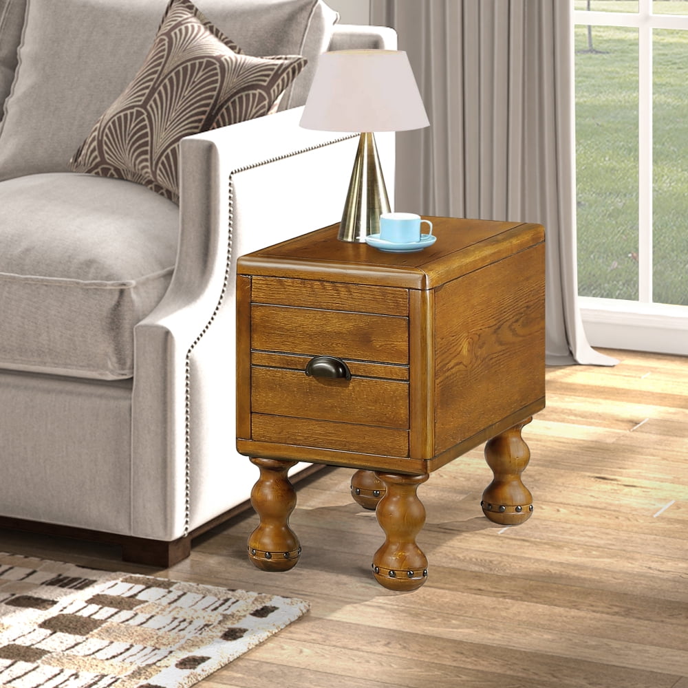 Antique Brown Solid Wood Side Table with Storage Drawer