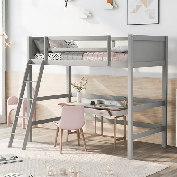 Tcbosik Solid Wood Twin Size Loft Bed with Ladder(Gray)