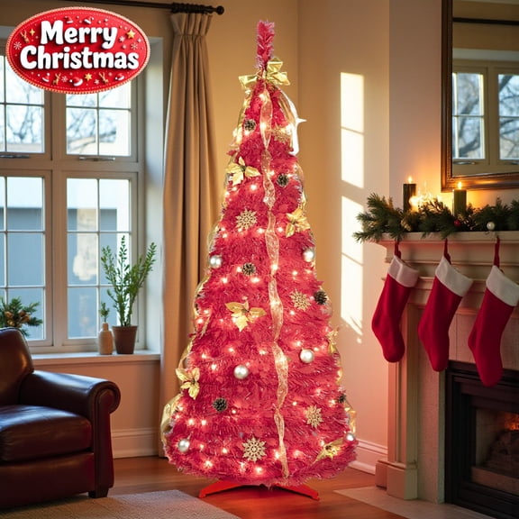 Tcbosik Space-Saving Collapsible Red Christmas Tree - 6FT Pre-Decorated Pop-Up Tree with LED Lights, Perfect for Apartment Dorm Office Small Spaces (with Golden Ornaments)