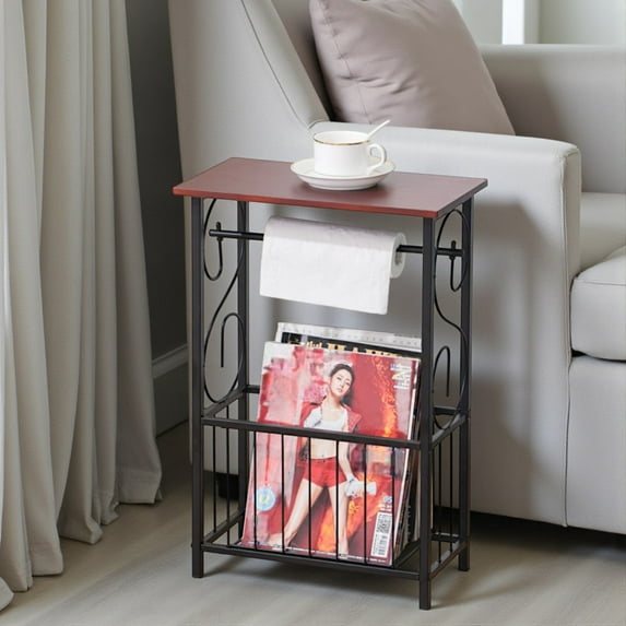 Tcbosik Space-Saving Side Table with Removable Toilet Paper Holder, Bottom Magazine Basket, Metal Frame & Faux Wood Top Compact End Table for Bathroom Bedroom Living Room (Coffee)