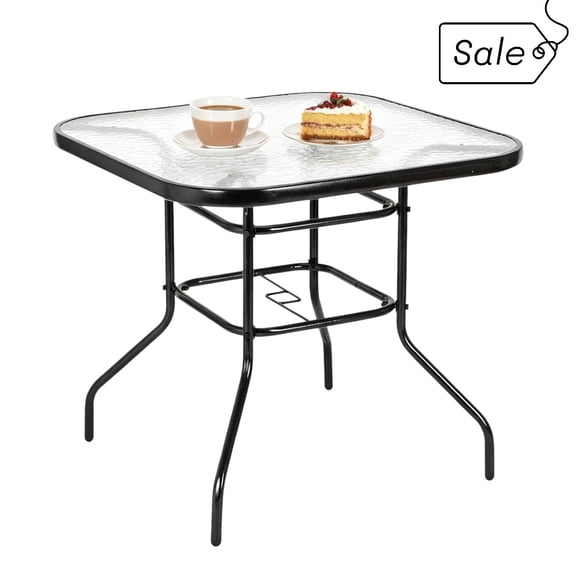 Tcbosik 31.5" Square Glass Patio Dining Table with Umbrella Hole, Outdoor Garden Bistro Table, Water Ripple Glass Top & Dark Chocolate Steel Frame