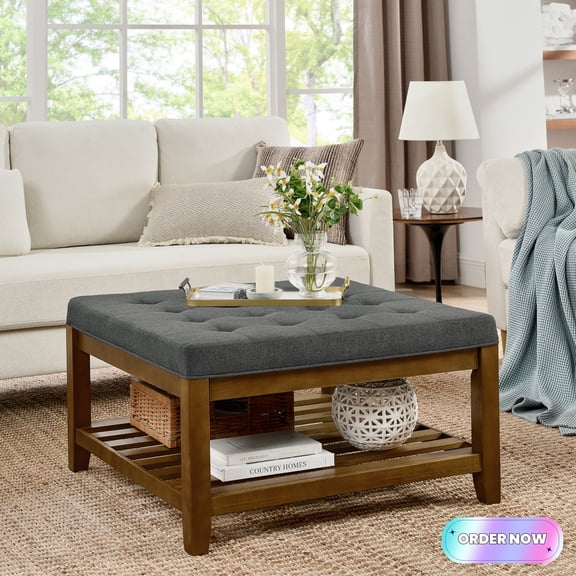 Tcbosik Square Ottoman Coffee Table, Linen Upholstered Footrest with Wood Shelf, 2-Tier Center Table for Living Room, Easy Assembly, Dark Gray