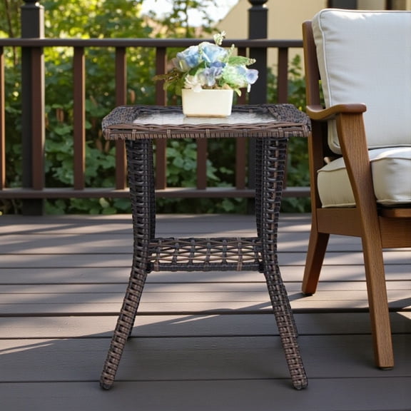 Tcbosik Square Side Table with Ripple Glass Top, 2-Tier Hand-Woven Wicker Accent Table for Indoor & Outdoor, All-Weather Patio End Table, Easy to Assemble, 17.9"L x 17.9"W x 22.6"H, Brown