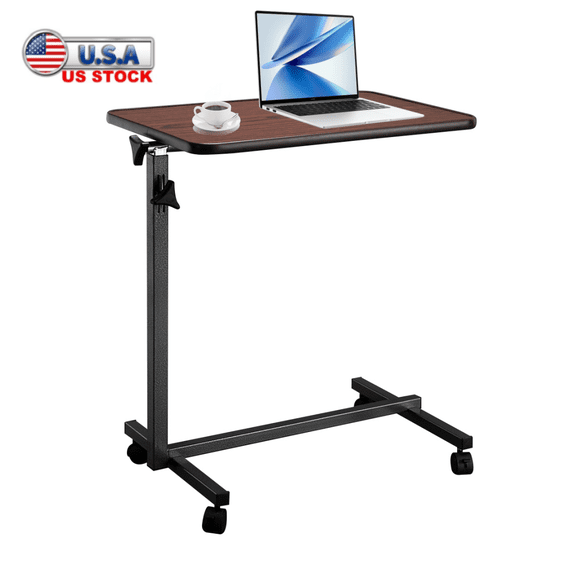Tcbosik Bedside Table with Wheels, Adjustable Height Overbed Table, Rolling Laptop Desk, Snack Table with Tilting Top for Home Office Hospital, Dark Brown