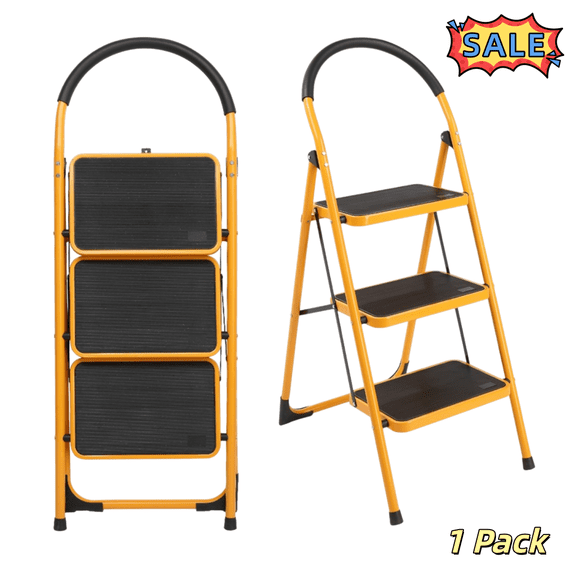 Tcbosik Step Ladder, 3 Step Foldable Stool with Anti-Slip Pedal, 330 lbs Capacity Ladder for Kitchen, Garage & Office Use, Yellow