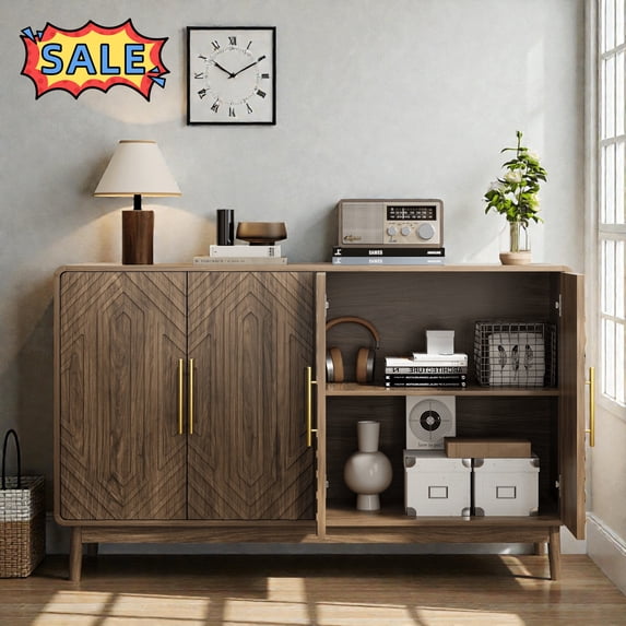 Tcbosik Storage Cabinet with 4 Doors, 55" Modern Buffet Sideboard, Coffee Bar Cabinet with Adjustable Shelves, Accent Cabinet for Living Room, Dining Room, Hallway, Entryway, Walnut