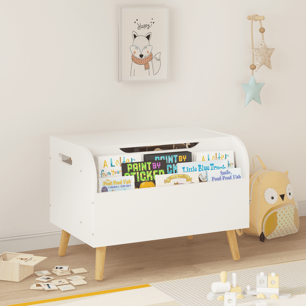 Tcbosik Storage Chest with Front Bookshelf, Modern Wood Toy Box Organizer with Safety Hinge and Flip-Top Lid, Entryway Storage Bench, Easy Assembly, White