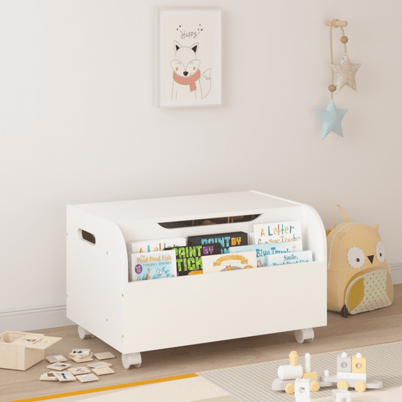 Tcbosik Storage Chests, White Wood Storage Bench with Wheels, Toy Storage Box with Side Bookshelf and Safety Hinge, Wooden Flip-Top Blanket Organizer with Seating for Entryway, Bedroom, Living Room