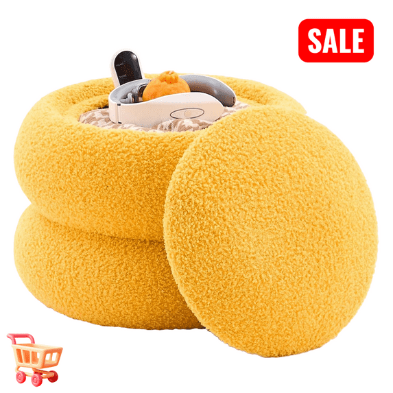 Tcbosik Storage Ottoman with Tray Lid, 15 inch Upholstered Teddy Velvet Footstool, Small Foot Rest for Living Room, Bedroom, Hallway, Yellow