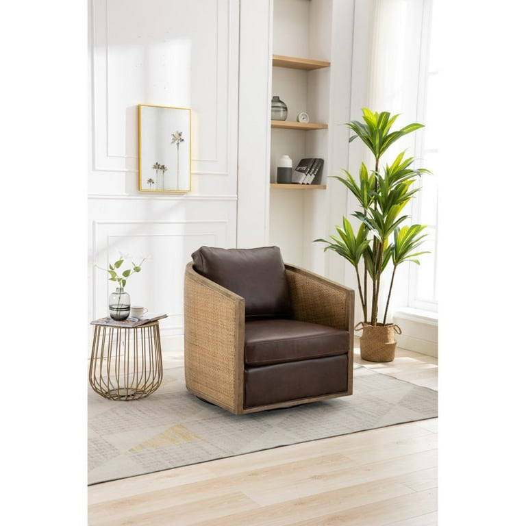 Tcbosik Swivel Accent Chair Armchair Comfy Round Barrel Chairs in PU Leather Rattan Swivel Arm Chair for Living Room Bedroom Hotel Office Brown