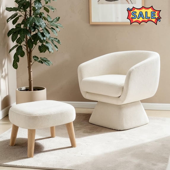 Tcbosik Swivel Accent Chair with Ottoman, 360° Barrel Chair with Footrest, Modern Reading Chair, Upholstered Armchair for Living Room, Bedroom, Beige+White
