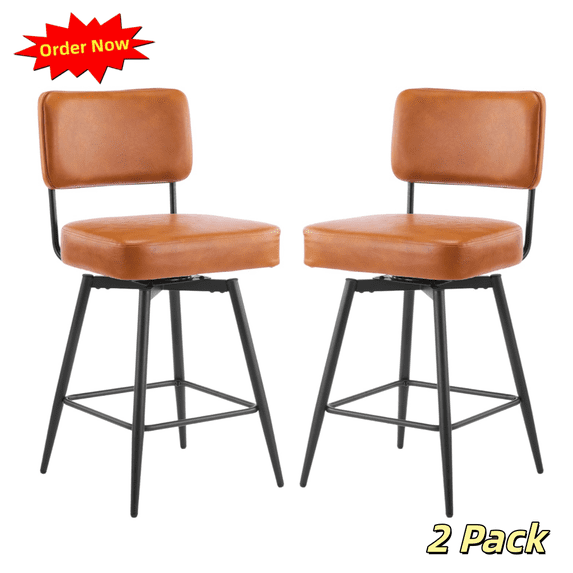 Tcbosik Swivel Bar Stools Set of 2, Armless PU Leather Kitchen Counter Height Barstool with Removable Backrest and Metal Legs, Upholstered Bar Chair, Easy Assembly, Brown