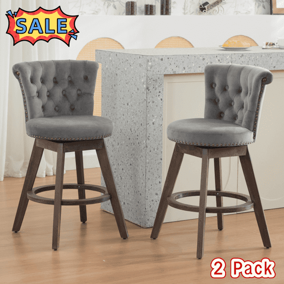 Tcbosik Swivel Bar Stools Set of 2, Counter Height Bar Chair with Tufted Button Backrest, Modern Upholstered Velvet Bar Chair with Wood Legs for Kitchen Island, Dining Room, Living Room, Gray