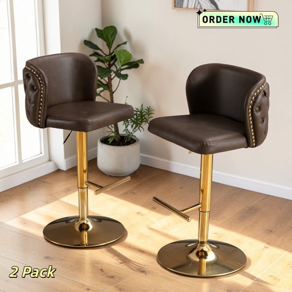 Tcbosik Swivel Bar Stools Set of 2, PU Leather Counter Barstool, 25.1"-33" Height Adjustable Bar Chair for Home Pub, Dining Room, Kitchen Island, Brown