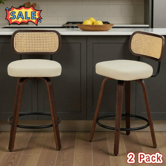 Tcbosik Swivel Bar Stools Set of 2, PU Leather Upholstered Barstools with Cane Back and Solid Wood Legs, Mid Century Modern Counter Height Stool for Kitchen Island, Dining Room, Beige
