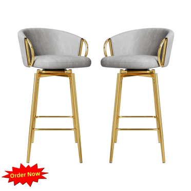 Tcbosik Swivel Bar Stools Set of 2, Upholstered Velvet Fabric Barstool with Back, Counter Height Bar Chair with Metal Legs for Kitchen Island, Grey+Gold