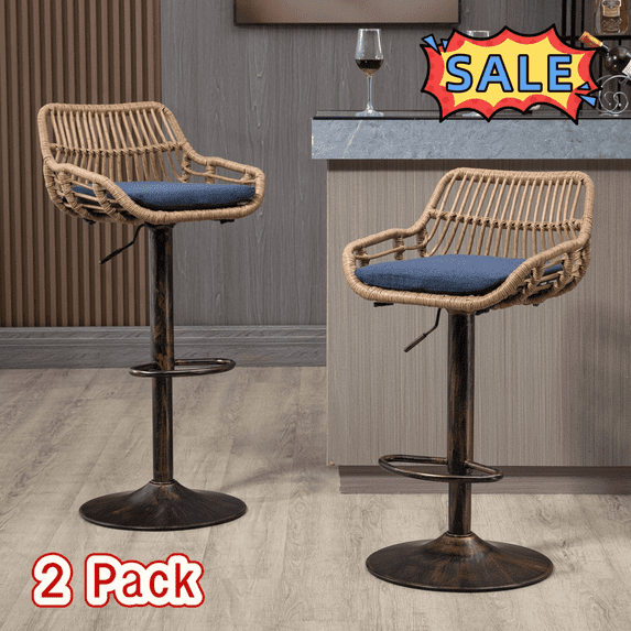 Tcbosik Swivel Counter Height Bar Stools Set of 2, 25.5"-33.4" Height Adjustable Upholstered Barstool, Rattan Pub Chair with Metal Base for Kitchen Island, Blue