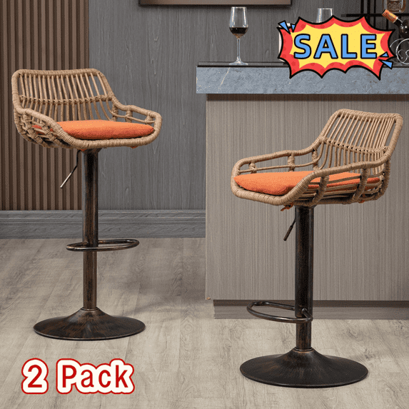 Tcbosik Swivel Rattan Bar Stools Set of 2, 25.5"-33.4" Height Adjustable Barstool with Metal Base, Modern Upholstered Linen Fabric Counter Bar Chair for Kitchen Island, Dining Room, Orange