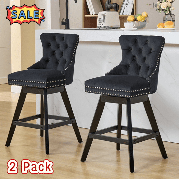 Tcbosik Swivel Upholstered Bar Stools Set of 2, Velvet Fabric Bar Chair with Button Tufted Back, Counter Height Barstool with Wood Legs for Dining Room, Kitchen Island, Easy Assembly, Black