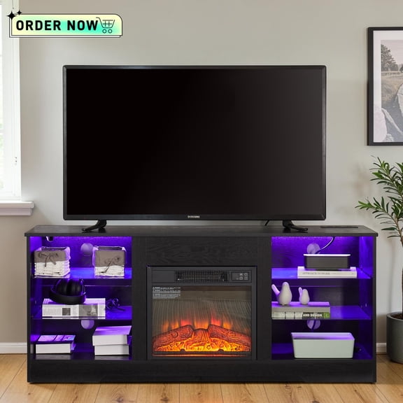Tcbosik TV Stand with 18" Electric Fireplace Heater for TVs up to 62", Media Entertainment Center Console Table with LED Lights, Charging Station and Open Storage Shelves, Black