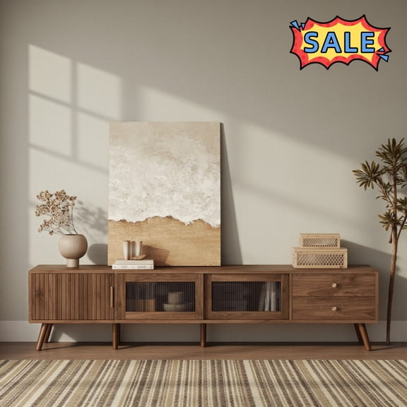 Tcbosik TV Stand for TVs up to 85 inch, Entertainment Center with Sliding Glass Doors, Media Console with Cabinet and Drawers for Living Room, Bedroom, Natural