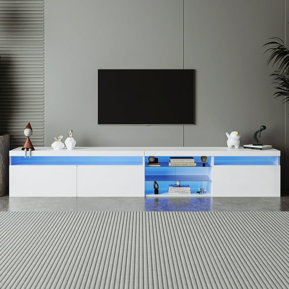Tcbosik TV Stand for TVs Up to 105", Media Console Table with 2 Glass Shelves and 3 Doors, 94.5" TV Cabinet with LED Color Changing Lights for Living Room, White