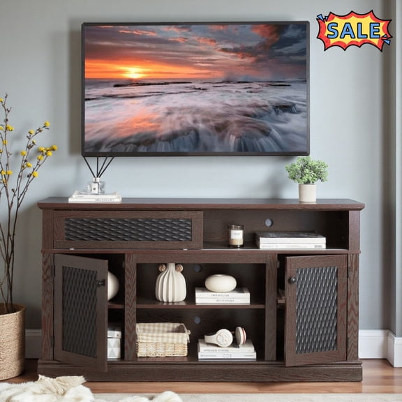 Tcbosik TV Stand for 65 Inch TV, Entertainment Center with Adjustable Shelves, Media Console with 2 Sliding Doors for Living Room, Cherry