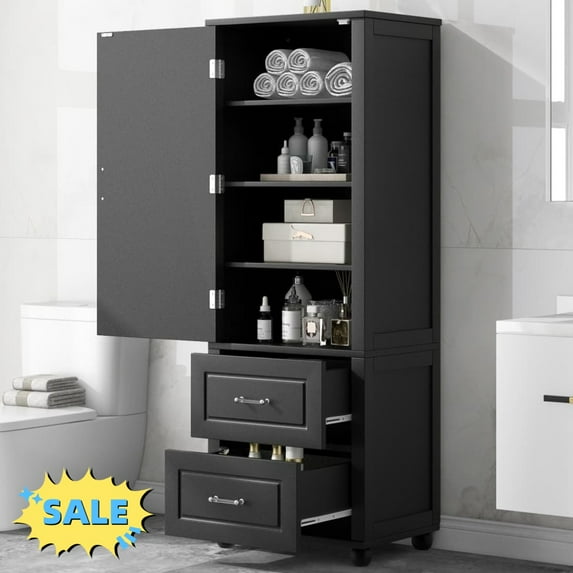 Tcbosik Tall Storage Cabinet with Adjustable Shelf and 2 Drawers, 61.4" Modern Bathroom Cabinet with Door, Floor Cupboard for Living Room, Laundry Room, Black