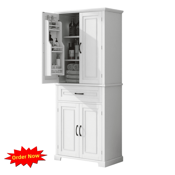 Tcbosik Tall Storage Cabinet, Modern Linen Cabinet with Adjustable Shelf, 72 inch Bathroom Cabinet with Drawer and 4 Doors, Freestanding Pantry Cabinet for Kitchen, Living Room, Laundry Room, White