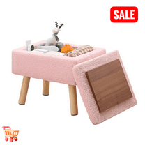 Tcbosik Teddy Fabric Storage Ottoman with Tray Lid, 15.7" Rectangle Footstool with Wood Legs for Small Space, Living Room, Bedroom, Entryway, Pink