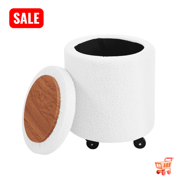 Tcbosik Teddy Velvet Storage Ottoman with Wheels and Tray Lid, 13.7 inch Round Foot Stool, Rolling Upholstered Foot Rest for Small Space, Living Room, Bedroom, White